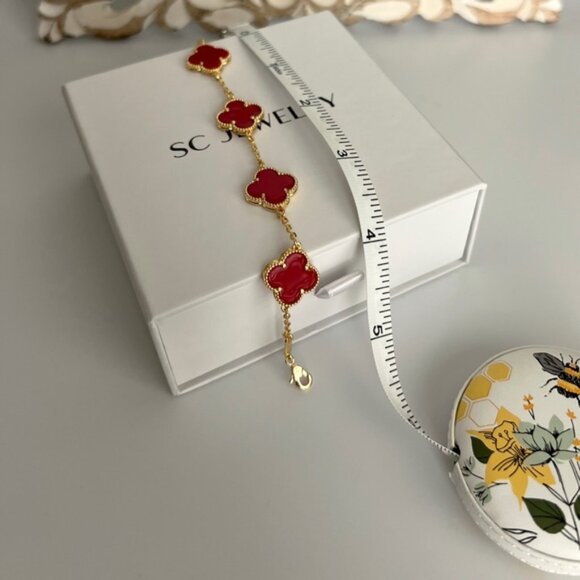 Last 1 ! Clover Bracelet Double Sided Red Onyx Stone Luxury Jewelry - Picture 4 of 10